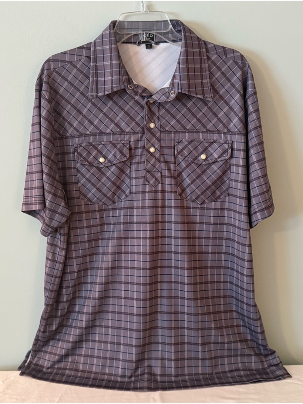QED Style Men's Gray Short Sleeve Plaid Polo Shirt, XL ~ Excellent!